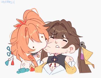 Rule 34 | 2girls, bare shoulders, bell, black choker, breasts, brown hair, chibi, choker, cleavage, clothing cutout, commentary, english commentary, grey background, guinaifen (honkai: star rail), hair bell, hair ornament, honkai: star rail, honkai (series), jingle bell, multiple girls, orange hair, shoulder cutout, simple background, sushang (honkai: star rail), sweat, unfamousradish, upper body