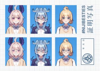 3girls :3 ahoge aqua_eyes blazer blonde_hair blue_background blue_hair blush bow bowtie cardigan chinese_commentary double_bun elira_pendora enna_alouette glasses hair_between_eyes hair_bun head_wings heterochromia high_ponytail highres jacket long_hair looking_at_viewer millie_parfait multiple_girls multiple_views nijisanji nijisanji_en ponytail purple_eyes school_uniform senmi_(vvv_1864) short_hair smile sweater_vest teardrop-framed_glasses virtual_youtuber wings yellow_cardigan yellow_sweater_vest