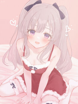 1girl alternate_costume arm_support bandaid bandaid_on_face bandaid_on_forehead bed_sheet black_bow blush bow breasts cleavage collarbone commentary_request dress fur-trimmed_dress fur-trimmed_thighhighs fur_trim gameso grey_hair hair_bow heart highres idolmaster idolmaster_shiny_colors looking_at_viewer medium_breasts purple_eyes red_dress sitting sleeveless sleeveless_dress smile solo thighhighs twintails wariza white_thighhighs yukoku_kiriko