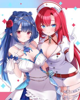 2girls belt blue_eyes blue_hair blush breasts buttons cleavage closed_mouth cosplay costume_switch dizzy_dokuro dress flower hair_flower hair_ornament hat highres long_hair multiple_girls nurse nurse_cap phase_connect pink_eyes pointy_ears red_belt red_flower red_hair red_rose rimeko rose second-party_source shell sinon_sinfonia virtual_youtuber white_dress