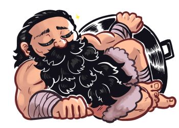 1boy bara beard blergosaurio closed_eyes deformed dungeon_meshi dwarf facial_hair full_body long_beard lying male_focus muscular muscular_male mustache on_side senshi_(dungeon_meshi) solo sparkle thick_mustache u_u very_long_beard white_background wok
