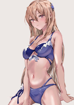1girl absurdres bare_arms bare_shoulders between_legs bikini blonde_hair blue_bikini blush breasts brown_hair cleavage closed_mouth front-tie_bikini_top front-tie_top grey_background hair_between_eyes hair_ornament heaven_burns_red highres long_hair looking_at_viewer medium_breasts navel no53_(pixiv_77486930) official_alternate_costume purple_bikini purple_eyes red_eyes shirakawa_yuina side-tie_bikini_bottom simple_background sitting solo swimsuit