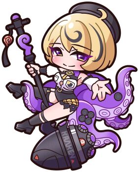 1girl absurdres ahoge bare_shoulders beret black_hair black_hat black_leotard black_shoes black_socks black_thighhighs blonde_hair breasts chibi closed_mouth commentary_request detached_sleeves full_body garter_straps hat highres leotard long_sleeves looking_at_viewer medium_breasts multicolored_hair outstretched_arm puffy_long_sleeves puffy_sleeves purple_eyes saishosaisekojo shoes simple_background single_sock single_thighhigh smile socks solo streaked_hair suction_cups tentacles thighhighs white_background white_sleeves yidhari_murphy zenless_zone_zero