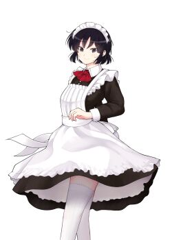 Rule 34 | 1girl, absurdres, apron, black dress, black eyes, black hair, closed mouth, commentary request, dress, feet out of frame, highres, kujou meika, long sleeves, looking at viewer, maid, maid apron, maid day, maid headdress, meika-san wa oshikorosenai, neckerchief, panties, red neckerchief, saitou shouki, second-party source, short hair, simple background, smile, solo, spinning, thighhighs, underwear, white background, white panties, white thighhighs