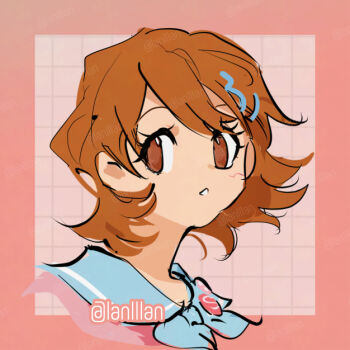 Rule 34 | 2girls, alternate costume, brown eyes, brown hair, close-up, digimon, digimon adventure, lanlllan, multiple girls, pink background, pink shirt, shirt, simple background, solo, takenouchi sora