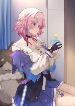 1girl absurdres black_overskirt blue_skirt blush bra_strap buttons choker commentary cup drinking_glass earrings flower food fruit gloves highres honkai:_star_rail honkai_(series) indoors jacket jewelry lemon lemon_slice long_sleeves march_7th_(honkai:_star_rail) march_7th_(preservation)_(honkai:_star_rail) medium_hair memeiradesuyo multicolored_eyes multicolored_jacket off-shoulder_jacket off_shoulder partially_fingerless_gloves pink_hair pleated_skirt pom-pom_(honkai:_star_rail) shirt single_earring skirt smile stuffed_toy thighs two-tone_eyes two-tone_jacket white_shirt