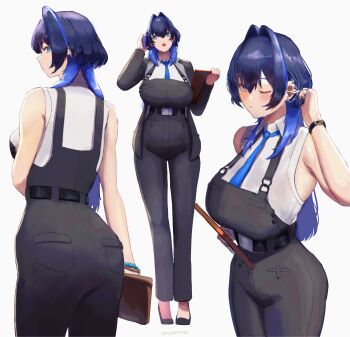 1girl absurdres artist_name belt blue_eyes blue_hair blue_necktie blush breasts cellphone collared_shirt commentary english_commentary erasorpepero from_behind hair_intakes highres holding holding_phone hololive hololive_english jacket large_breasts long_hair looking_at_viewer looking_back looking_to_the_side multiple_views necktie office_lady one_eye_closed open_mouth ouro_kronii overalls phone shirt simple_background sleeveless smartphone suit_jacket sweat virtual_youtuber white_background