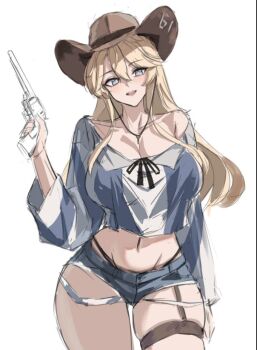 1girl black_panties blonde_hair blue_eyes blue_shorts blush breasts cleavage colt_single_action_army cowboy_hat cowboy_shot cutoffs denim denim_shorts dimos_(dawn_1945) gun handgun hat highleg highleg_panties holding holding_gun holding_weapon iowa_(kancolle) iowa_(setsubun)_(kancolle) kantai_collection long_hair looking_at_viewer navel official_alternate_costume open_mouth panties revolver shirt short_shorts shorts simple_background solo star-shaped_pupils star_(symbol) striped_clothes striped_shirt symbol-shaped_pupils thigh_strap thighs underwear weapon white_background