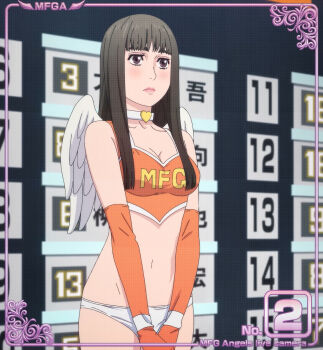 1girl angel_wings anime_screenshot ass bikini breasts collar crop_top elbow_gloves gloves makeup medium_breasts mf_ghost panties race_queen sato_mami solo stitched swimsuit third-party_edit underwear white_panties wings