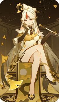 Rule 34 | 1girl, bad source, black gloves, black shoes, china dress, chinese clothes, chinese hairpin, closed mouth, crossed legs, dress, elbow gloves, genshin impact, gloves, hair ornament, high heels, holding, holding smoking pipe, looking at viewer, ningguang (genshin impact), official art, red eyes, shoes, sitting, smile, smoking pipe, solo, tassel, tassel hair ornament, white dress, white hair