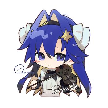 1girl apron beishang_jinxing black_dress black_hairband blonde_hair blue_eyes blue_hair bow_(music) chibi closed_mouth colored_inner_hair commission cropped_torso dress frilled_apron frills hair_ornament hairband highres holding holding_bow_(music) holding_instrument holding_violin instrument juliet_sleeves long_hair long_sleeves looking_at_viewer multicolored_hair music playing_instrument procreate_(medium) puffy_sleeves reverse:1999 sample_watermark school_uniform solo soviet_school_uniform speech_bubble spoken_kaomoji star_(symbol) star_hair_ornament violin voyager_(reverse:1999) watermark white_apron