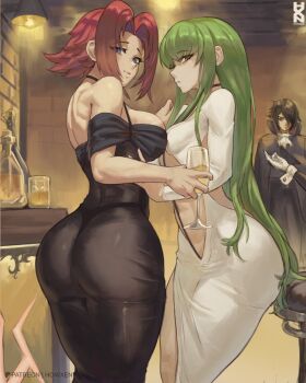 1boy 2girls ass asymmetrical_docking black_dress black_hair black_vs_white blue_eyes breast_press breasts c.c. champagne_flute clothing_cutout code_geass cup dress drinking_glass green_hair holding holding_cup howxen kouzuki_kallen large_breasts lelouch_vi_britannia long_hair medium_breasts multiple_girls navel_cutout patreon_username procreate_(medium) red_hair short_hair standing stool very_long_hair white_dress yellow_eyes