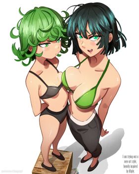2025 2girls absurdres ahoge arm_behind_back asymmetrical_docking bare_legs bare_shoulders black_bra black_pants black_shoes box bra breast_envy breast_press breasts cleavage closed_mouth collarbone commentary english_commentary english_text female_focus flats flipped_hair foreshortening fubuki_(one-punch_man) full_body green_bra green_eyes green_hair height_difference highres looking_at_viewer matching_hair/eyes medium_breasts multiple_girls navel on_box one-punch_man open_mouth pants shadow shoes short_hair siblings simple_background sisters small_breasts smile spaghetti_strap standing stepkingo_art stomach straight_hair tatsumaki teeth thighs unaligned_breasts underwear upper_teeth_only white_background white_trim