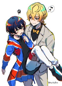 1boy 1girl black_hair black_shirt black_shoes blonde_hair bow bowtie carrying coat commentary eighth_note gloves green_eyes grey_jacket hair_between_eyes highres hurika800 jacket kishiru_inugami long_sleeves looking_at_another musical_note open_clothes open_coat open_jacket open_mouth pants princess_carry red_gloves rei_shimobe reverse_trap shirt shoes short_hair shuten_order simple_background smirk spoken_musical_note squiggle sweatdrop twitter_username vest white_background white_pants white_vest yellow_bow yellow_bowtie yellow_eyes