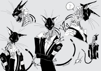 1boy :3 ? animal_ears animal_head bow bowtie cat_boy cat_ears cat_tail closed_mouth collared_shirt cropped_torso finger_to_mouth formal_clothes from_behind from_side furry furry_male gloves grey_background greyscale hand_up highres humanoid_robot jacket long_sleeves looking_at_viewer male_focus monochrome multiple_views open_mouth original profile robot screw sharp_teeth shirt shoutarou_(shoutarotttt) simple_background speech_bubble spoken_question_mark standing tail teeth traditional_bowtie whiskers