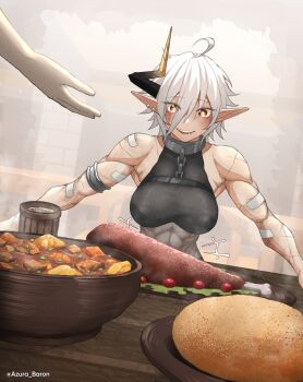 1girl abs absurdres ahoge armlet azura_anblue bandaid breasts collar commentary dragon_horns drooling earrings english_commentary fantasy food highres horns jewelry medium_breasts metal_collar muscular muscular_female orange_eyes original pointy_ears scar short_hair single_horn sparkling_eyes stomach_growling white_hair