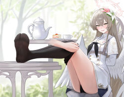 Rule 34 | 1girl, absurdres, angel wings, black neckerchief, black panties, black pantyhose, blue archive, cake, cruciform halo, cup, disembodied limb, feathered wings, feet, flower, food, hair flower, hair ornament, halo, highres, light brown hair, looking at viewer, low wings, nagisa (blue archive), neckerchief, no shoes, panties, pantyhose, pink halo, removing legwear, smile, soles, suiryuu (18559651), swiss roll, tea party (blue archive), teacup, thighs, toes, underwear, white wings, wings, yellow eyes, yellow halo