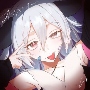 aiko_(phase_connect) armpits chaunceley horns phase_connect pink_eyes tagme tongue tongue_out white_hair