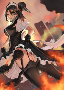 1girl agent_(girls'_frontline) ass_peek black_boots black_dress black_gloves black_hair black_panties black_thighhighs boots breasts building burning clothes_lift cowboy_shot destruction double_bun dress dress_lift dutch_angle eyes_visible_through_hair fire frilled_dress frills from_side garter_belt garter_straps girls'_frontline gloves gun hair_bun highres horns large_breasts looking_at_viewer maid maid_headdress mechanical_arms mochian open_mouth outdoors panties pantyshot puffy_short_sleeves puffy_sleeves sangvis_ferri shirt short_sleeves sidelocks signature simple_background single_sidelock skyscraper smile smoke solo thigh_boots thighhighs thighs torn_clothes underwear weapon white_background white_shirt yellow_eyes