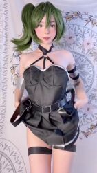 1girl animated arm_tattoo ass belt black_belt black_dress breasts brown_eyes clothes_lift cosplay cowboy_shot dress dress_lift female_focus flashing grabbing_own_breast green_hair hair_between_eyes highres huge_filesize jewelry jiggle looking_at_viewer miamiaxof narrow_waist necklace nipples panties petite photo_(medium) real_life side_ponytail sidelocks small_breasts solo sousou_no_frieren spanking_self standing tagme tattoo thigh_strap thong ubel_(sousou_no_frieren) ubel_(sousou_no_frieren)_(cosplay) underwear video white_panties wide_hips