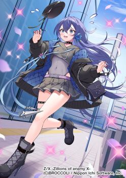 1girl ahoge bag black_hat black_jacket black_shirt black_shoes black_skirt blue_eyes collar commentary_request copyright_notice covered_navel equal_(heartstrings) floating_hair flower flying_sweatdrops hair_between_eyes hair_flower hair_ornament handbag hat highres jacket kamiyugi_yachiyo long_hair nail_polish official_art open_clothes open_jacket outdoors panicking pink_petals purple_hair red_nails shirt shoes skirt solo sparkle spiked_collar spiked_thigh_strap spikes unworn_hat unworn_headwear walking z/x