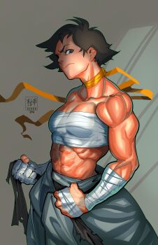 1girl a.b.singh abs bandaged_wrist bandages bare_shoulders belt biceps black_belt black_hair breasts brown_eyes chest_sarashi choker clenched_hands clothes_around_waist commentary cowboy_shot deltoids dougi english_commentary fingernails frown grey_background grey_pants highres karate_gi looking_at_viewer makoto_(street_fighter) martial_arts_belt midriff muscular muscular_female pants redesign reverse_trap ribbon ribbon_choker sarashi shadow short_hair small_breasts solo street_fighter tomboy yellow_choker yellow_ribbon