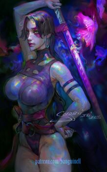 1girl black_hair breasts earrings highleg highleg_leotard highres holding holding_weapon jewelry large_breasts leotard long_hair looking_at_viewer marvel marvel_rivals psylocke psylocke_(vengeance) purple_eyes purple_leotard sanguinellines sash solo superhero_costume sword weapon x-men