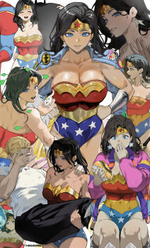 1boy 1girl abs absurdres bare_shoulders batman_symbol black_hair blonde_hair blue_eyes bracer breasts burger carrying_over_shoulder circlet coat coat_on_shoulders commentary dc_comics dc_universe_(franchise) dirty earrings english_commentary food highres jewelry large_breasts lasso_of_truth leotard lizard long_hair looking_at_viewer multiple_views muscular muscular_female park_ongjol smile star_(symbol) star_earrings superhero_costume sweater toned wonder_woman wonder_woman_(series)