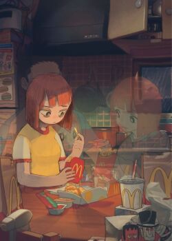 Rule 34 | 1boy, 2girls, absurdres, aged up, bag, bags under eyes, black eyes, blunt bangs, bright pupils, carton, closed mouth, commentary, cup, cupboard, daughter (yoru mac), depressed, disposable cup, drinking straw, eating, family, father (yoru mac), food, french fries, geniski66, ghost, highres, holding, holding food, indoors, ketchup, logo, looking down, mcdonald's, mcdonald's dad, mother (yoru mac), multiple girls, paper bag, raglan sleeves, remembering, shirt, short sleeves, table, then and now, yellow shirt, yoru mac