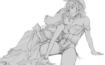 2girls atelier_(series) atelier_ryza beret blush bracelet breasts choker cleavage clover clover_hair_ornament dress grey_background hair_ornament hat heart_bracelet highres irene_koh jewelry kiss kissing_breast klaudia_valentz large_breasts long_hair monochrome multiple_girls pleated_dress pocket_protector reisalin_stout shirt short_hair short_shorts shorts simple_background sitting skirt thighs yuri