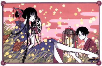 1boy 1girl absurdres bell black_hair blunt_bangs cage clamp egasumi glasses hand_fan highres hime_cut ichihara_yuuko japanese_clothes kimono official_art paper_fan uchiwa watanuki_kimihiro xxxholic