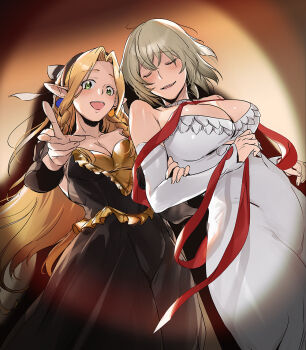 2girls black_dress black_sleeves blonde_hair braid breasts cleavage closed_eyes commentary_request cow detached_sleeves dress dungeon_meshi elf falin_touden feather_trim gold_trim green_eyes hair_between_eyes holding_another's_arm large_breasts light_blush long_dress long_hair marcille_donato medium_breasts multiple_girls open_mouth parted_bangs parted_lips pointy_ears short_hair smile spotlight twin_braids v white_dress white_sleeves yumi_zua