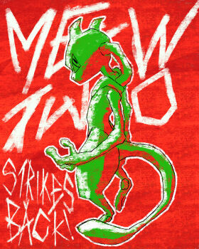 Rule 34 | 1other, absurdres, character name, english text, full body, gen 1 pokemon, highres, legendary pokemon, limited palette, mewtwo, mixed-language commentary, nintendo, outline, pokemon, pokemon (creature), pokemon focus, red background, solo, v-shaped eyes, white outline, yomagntho9q9q