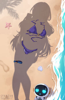 1girl absurdres artist_name beach bikini commentary cyanzan deviantart_logo dressed_shadow_(meme) english_commentary facebook_logo female_pov footprints highres hololive hololive_indonesia implied_nudity instagram_logo long_hair meme moona_hoshinova moonabito_(moona_hoshinova) o-ring o-ring_thigh_strap o-ring_top pixiv_logo pov purple_bikini sand shadow shell silhouette solo starfish sweat swimsuit thigh_strap twitter_logo unworn_bikini virtual_youtuber waves