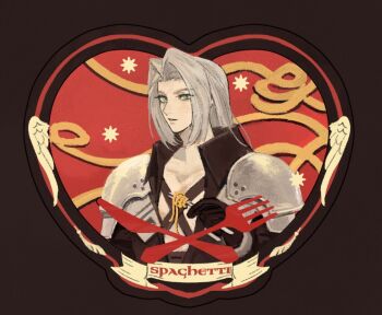 Rule 34 | 1boy, armor, black coat, black gloves, chest strap, coat, commentary request, final fantasy, final fantasy vii, food, fork, gloves, green eyes, grey hair, heart frame, holding, holding fork, long hair, looking at viewer, male focus, pai jingguan, parted bangs, parted lips, pasta, pauldrons, sephiroth, shoulder armor, solo, spaghetti, upper body, white wings, wings