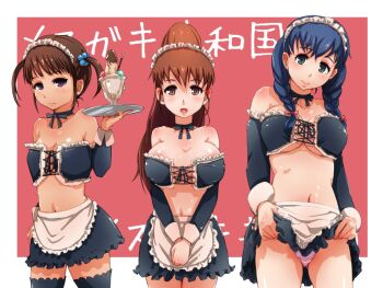 Rule 34 | 3girls, apron, bare shoulders, black legwear, blue hair, blush, braid, breasts, brown hair, choker, cleavage, clothes lift, exodus, front-tie top, hatsujou! mesugaki-kyouwakoku tennen nikubenkitachi no kuni, large breasts, long hair, maid, maid apron, maid headdress, midriff, multiple girls, navel, panties, pink panties, ponytail, skirt, skirt lift, smile, thighhighs, tray, twintails, underboob, underwear, v arms, waitress, zettai ryouiki