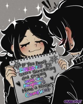 ! !! 1boy 1girl :3 andrew_graves ashley_graves black_hair black_sweater black_theme blush closed_eyes ear_blush english_text female_pervert grey_background heart hetero highres holding holding_notebook holding_sign imminent_incest implied_incest long_hair long_sleeves looking_at_another nervous_sweating notebook pervert ponytail presenting requesting_impregnation short_hair siblings sign simple_background skullmyst sparkle sparkling_aura standing sweat sweater the_coffin_of_andy_and_leyley watermark