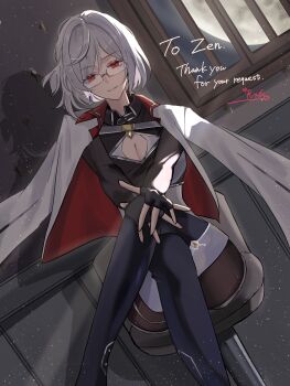 1girl absurdres aurelia_venturi_(zenthon) black_gloves black_shirt boots breasts cleavage cleavage_cutout closed_mouth clothing_cutout commentary commentary_request commission commissioner_name crossed_legs dutch_angle earrings english_commentary feet_out_of_frame fingerless_gloves full_moon glasses glint gloves highres indoors jacket jacket_on_shoulders jewelry large_breasts light_particles long_sleeves moon moonlight night nukoxx_02 on_stool original red_eyes second-party_source shirt short_hair signature single_earring sitting skeb_commission smile solo stool thank_you thigh_boots two-sided_fabric two-sided_jacket white_hair white_jacket window