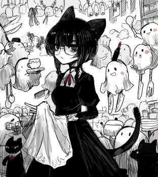 Rule 34 | 1girl, absurdres, animal ears, apron, bags under eyes, black dress, black eyes, black hair, bottle, braid, cat, cat ears, cat tail, chuhaibane, closed mouth, collared dress, cup, dress, expressionless, fork, ghost, glasses, highres, holding, holding plate, juliet sleeves, knife, long sleeves, looking at viewer, maid, monochrome, mug, neck ribbon, original, plate, puffy sleeves, red ribbon, ribbon, short hair, solo, spoon, tail, teacup, teapot, twin braids