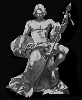 1boy abs ai-wa barefoot facing_viewer fire_emblem fire_emblem_fates highres holding holding_staff male_focus medium_hair muscular muscular_male nintendo pectorals solo staff statue xander_(fire_emblem)