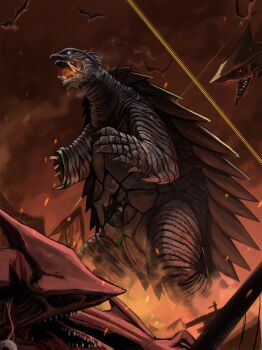 amputee apocalypse armor battle bleeding blood body_armor bone breath_weapon colored_blood daiei_film death destruction elbow_blade elbow_spikes embers energy energy_beam eyeball fighting fire flying gamera gamera_(series) gamera_3:_revenge_of_iris glowing_mouth green_blood gyaos hanging_eye highres hyper_gyaos injury junshiki kaiju laser mouth_beam multiple_persona night overlapping_shell post-apocalypse silhouette smoke spikes steam tail turtle turtle_shell tusks ultrasonic_scalpel war wings yellow_laser