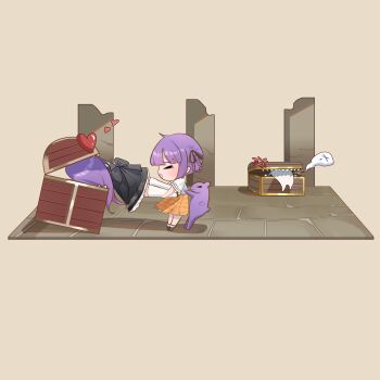 Rule 34 | 2girls, absurdres, artist request, black skirt, check artist, chibi, closed eyes, from side, grey background, heart, highres, indie virtual youtuber, lnpnyn1683915, mimic, mimic chest, mother and daughter, multiple girls, orange skirt, otsuka ray, purple hair, reika (otsuka ray), shirt, short sleeves, simple background, skirt, virtual youtuber, white shirt