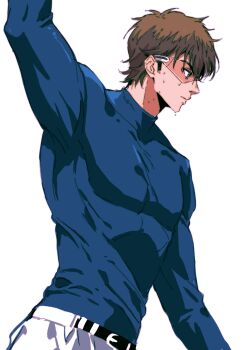 1boy absurdres ace_of_diamond arm_up belt black_belt blue_shirt brown_hair commentary_request compression_shirt covered_pectorals from_side goggles highres male_focus miyuki_kazuya momoyoru1 pants pectorals shirt shirt_tucked_in short_hair solo sweat toned toned_male white_pants