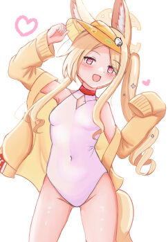 1girl alpha_cas animal_ear_fluff animal_ears blonde_hair blue_archive breasts clothing_cutout commentary covered_navel cross_halo diamond_cutout english_commentary fox_ears fox_girl fox_tail halo highleg highleg_one-piece_swimsuit highres jacket long_hair looking_at_viewer official_alternate_costume official_alternate_hairstyle one-piece_swimsuit orange_eyes seia_(blue_archive) seia_(swimsuit)_(blue_archive) side_ponytail simple_background sleeves_past_fingers sleeves_past_wrists small_breasts smile solo swimsuit tail visor_cap white_background white_one-piece_swimsuit yellow_halo yellow_jacket yellow_visor