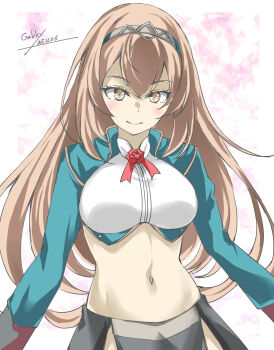 Rule 34 | 1girl, adapted costume, blonde hair, blue shrug, brown eyes, gakky, grey skirt, highres, kantai collection, long hair, looking at viewer, midriff, military uniform, navel, one-hour drawing challenge, shirt, shrug (clothing), skirt, smile, solo, tiara, upper body, victorious (kancolle), white shirt