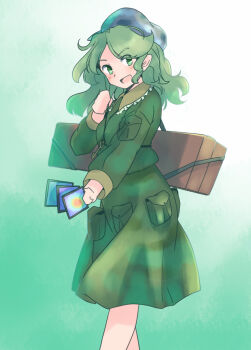 1girl :d ability_card_(touhou) arm_pouch box breasts card commentary_request feet_out_of_frame frilled_shirt_collar frills gradient_background green_background green_eyes green_hair green_hat green_shirt green_skirt hat holding holding_card key light_blush long_hair long_sleeves looking_to_the_side medium_breasts open_mouth pointy_ears rangycrow shirt skirt skirt_pocket smile solo touhou yamashiro_takane