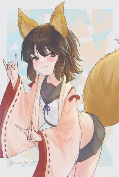 1girl animal_ears black_hair black_sailor_collar black_skirt blue_neckerchief butao commentary_request dated double_fox_shadow_puppet fox_ears fox_shadow_puppet fox_tail grin haori highres japanese_clothes kantai_collection kemonomimi_mode logo looking_at_viewer miyuki_(kancolle) miyuki_kai_ni_(kancolle) neckerchief paw_pose pink_haori pleated_skirt sailor_collar school_uniform serafuku shirt short_hair skirt smile solo tail twitter_username white_background white_shirt