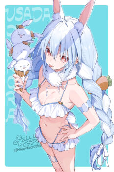 1girl 88_(einnimnech) :3 :p alternate_costume animal_ear_fluff animal_ears annoyed aqua_background artist_name bikini blue_hair blue_trim border bow braid breasts carrot carrot_hair_ornament character_name cleavage collarbone commentary_request creature dot_nose double-parted_bangs extra_ears feet_out_of_frame food food-themed_hair_ornament food_on_body food_on_breasts frilled_bikini frills from_above fur_scarf hair_between_eyes hair_bow hair_intakes hair_ornament hand_on_own_hip hand_up highleg highleg_bikini highres hikimayu holding holding_ice_cream_cone hololive ice_cream ice_cream_cone very_long_braid long_hair looking_at_viewer looking_to_the_side low_twin_braids lowleg lowleg_bikini multi-strapped_bikini_top multicolored_hair navel outside_border rabbit-shaped_pupils rabbit_ears rabbit_girl rabbit_tail red_eyes round_border scarf shadow short_eyebrows sidelocks sideways_glance signature small_breasts solo swimsuit symbol-shaped_pupils tail thick_eyebrows thigh_strap tongue tongue_out twin_braids twitter_username two-tone_hair usada_pekora very_long_hair virtual_youtuber white_bikini white_border white_bow white_hair white_scarf
