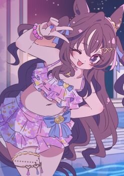 1girl animal_ears bikini bikini_skirt blush breasts brown_hair floral_print floral_print_bikini frilled_bikini frills hair_between_eyes hair_ornament honkawa_works horse_ears horse_girl horse_tail jewelry long_hair looking_at_viewer midriff mole mole_under_eye multicolored_hair navel necklace night night_sky official_alternate_costume official_alternate_hairstyle one_eye_closed open_mouth outdoors pool print_bikini purple_bikini purple_eyes ruffle_bikini sky smile solo streaked_hair swimsuit tail umamusume v vivlos_(eclat_d&#039;ete)_(umamusume) vivlos_(umamusume) water white_streaks