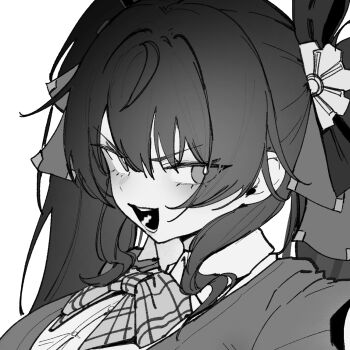 1girl :d bad_tag blazer blush breasts eonsang girls&#039;_frontline girls&#039;_frontline_2:_exilium greyscale hair_between_eyes helmet jacket jiangyu_(girls&#039;_frontline_2) large_breasts long_hair looking_at_viewer monochrome open_mouth school_uniform shirt smile solo twintails type_97_(girls&#039;_frontline) very_long_hair